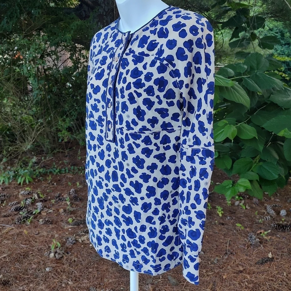 Tory Burch Robin Silk Blue Cheetah Print Long Sleeve Tunic Blouse Women's Size 2